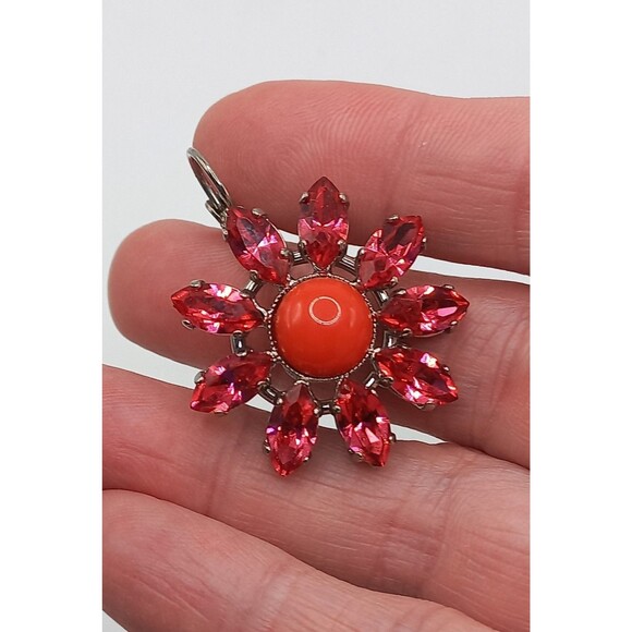 Philippe Ferrandis Paris designer HOT PINK Red/Orange Flower Earrings Leverback - Picture 4 of 9